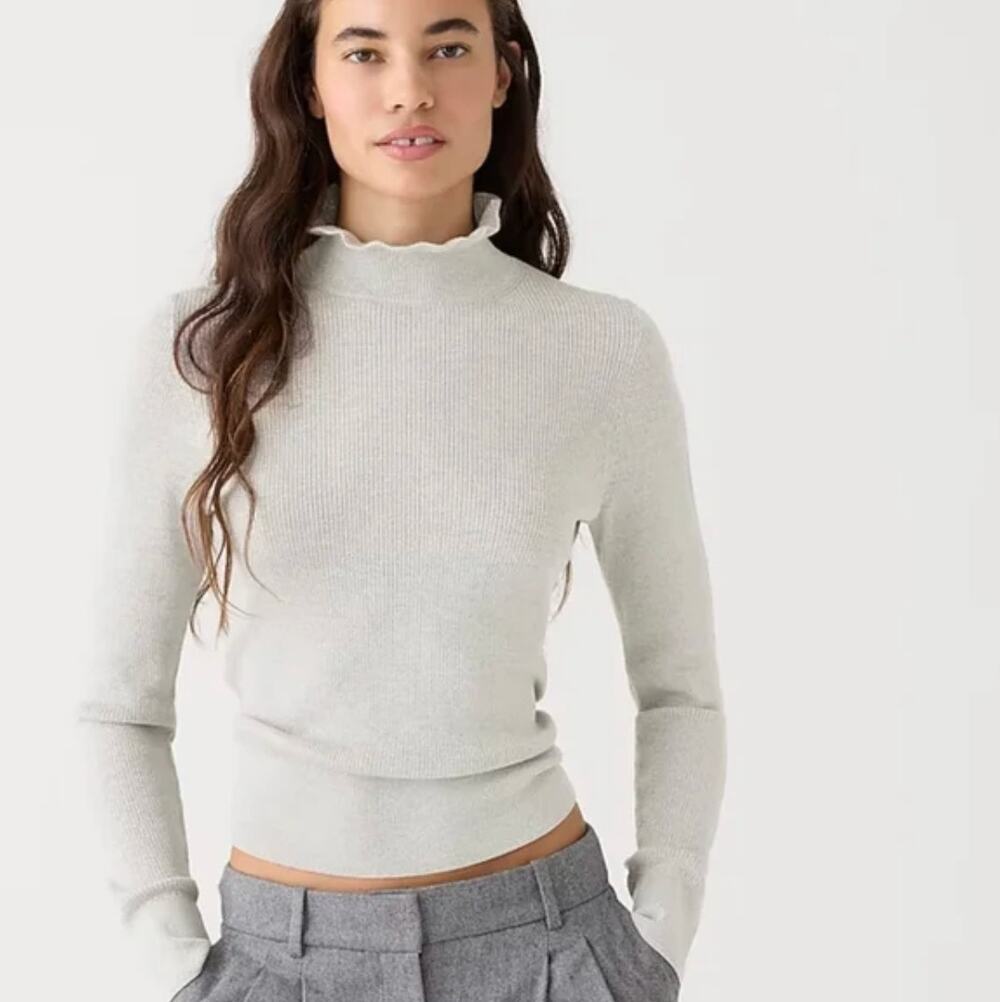 J. CREW Metallic Merino Wool Ruffleneck Sweater Heather Dusk Gray Silver {S48}